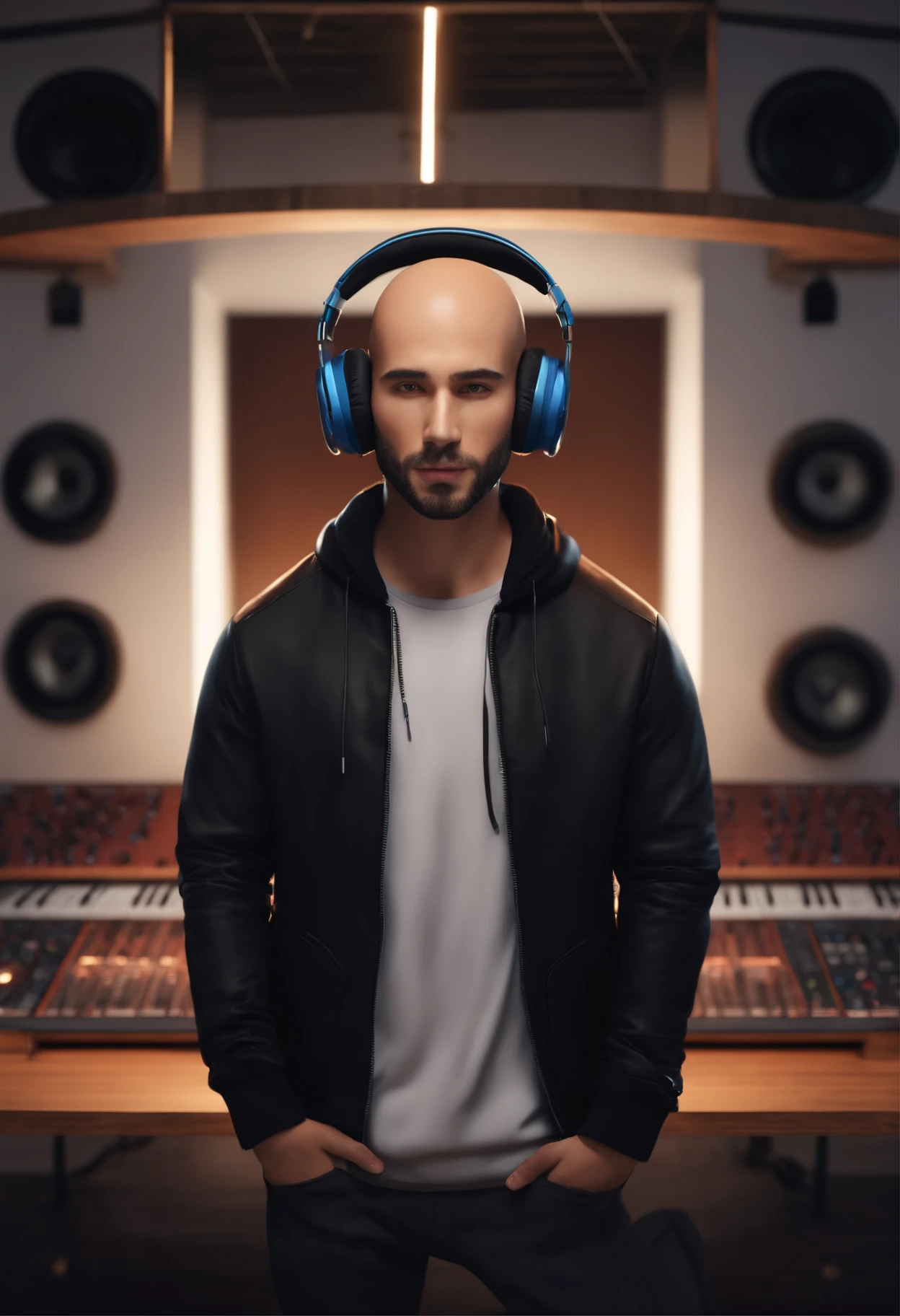 A bald young man with a short beard and brown eyes with headphones wearing a black jacket in a music studio, Imagem no estilo Pixar, Estilo de filme animado 3D, Disney