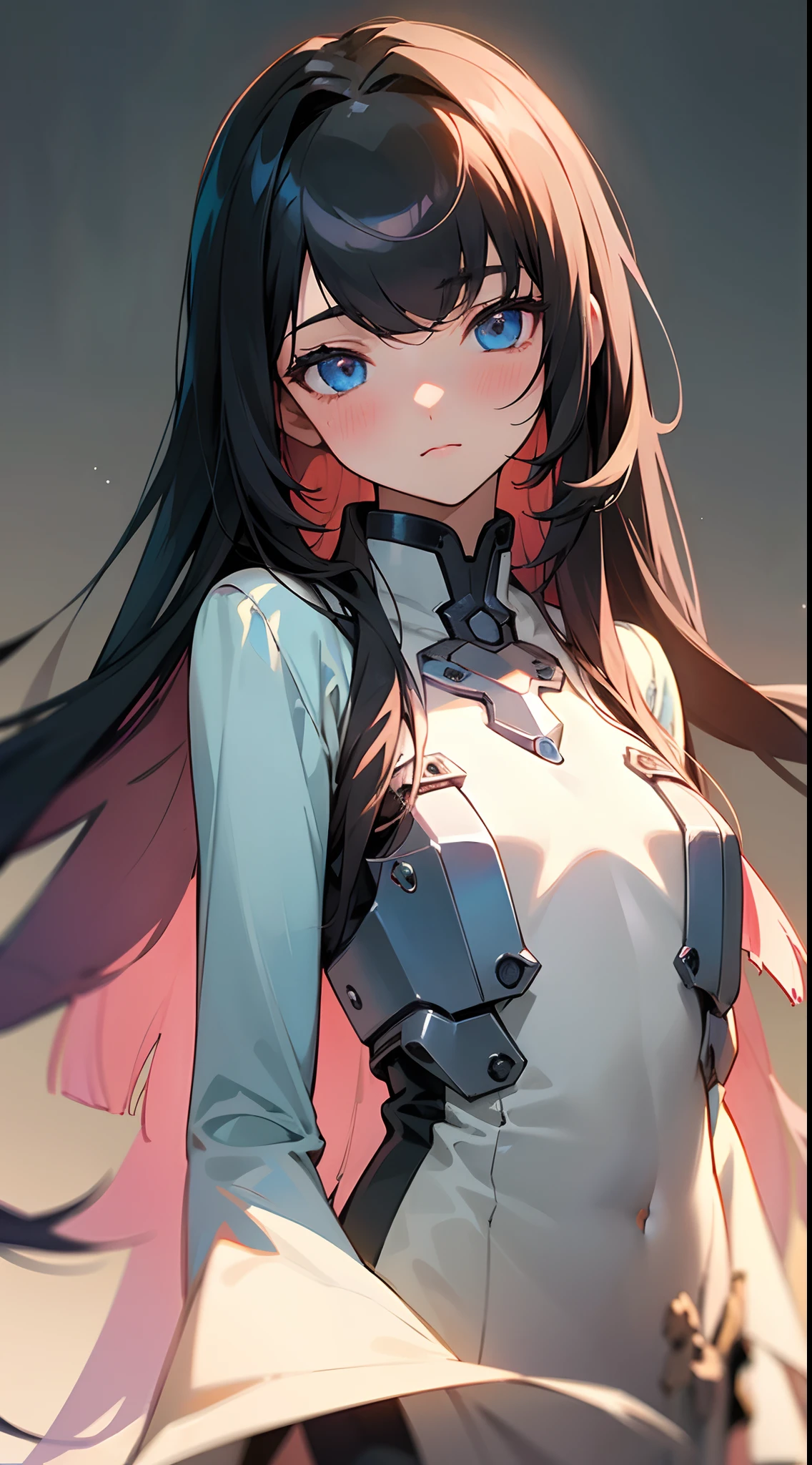 Beautiful girl , blue eyes , very long hair , black hair , ((has bangs:1.3)) , blush , elegant , very small chest , age 22
(masterpiece, best quality )detailed, 1Character , pastel washed out colors , cell shade , soft, muted shades ,gentle colors ,
Wearing a mix of sword art online and futuristic style clothes ,