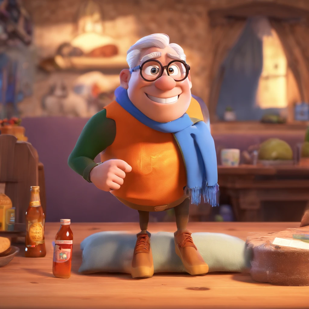 Crie um cartaz inspirado na Disney Pixar com o personagem vovo Braga, A white-haired man wearing glasses, the scene will be in Pixar's distinctive digital art style. Focus on Character Expressions, Vibrant colors and detailed textures feature its animations, with the title " Keniston Braga no meio, Quero a cena dos principais filmes do PIXar