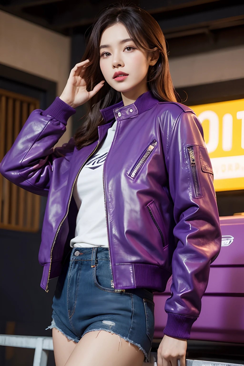 Locomotive wind，Bright purple leather jacket with a sense of design
