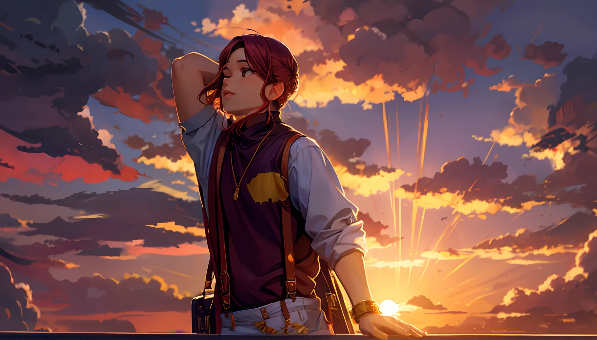 the sunset，eventide，middle parted hairstyle，Suspenders，hold fists