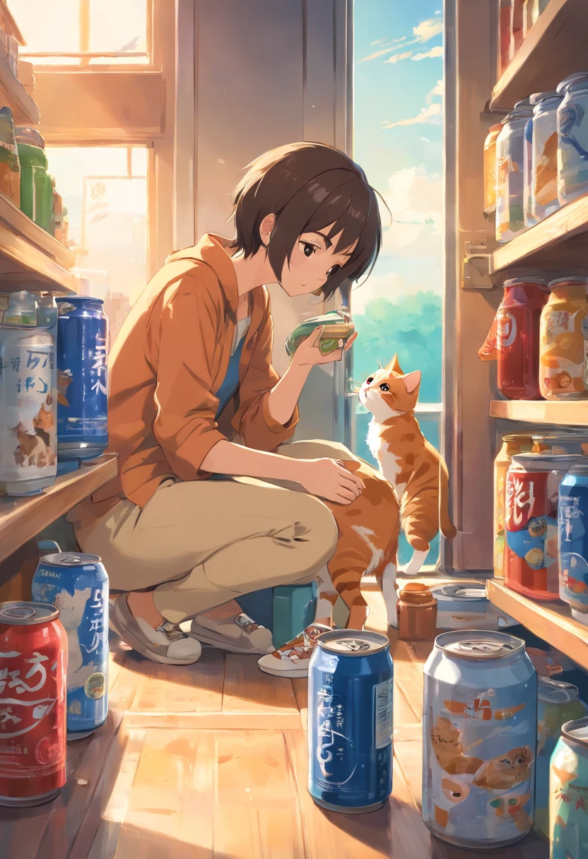 Cats see cans, eating food, Stuck in the jar, and struggle，Mobile phone in hand
