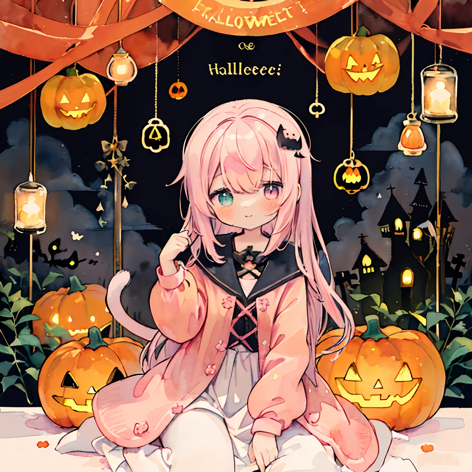 (PastelColors:1.5)、(Cute illustration:1.5)、(watercolor paiting:1.2)、(Jack O'Lantern:1.2)、catss、Black cat、A cat puts his hand on a pumpkin、Pumpkin and cat、Halloween、magia、kirakira、vine、dark ambiance