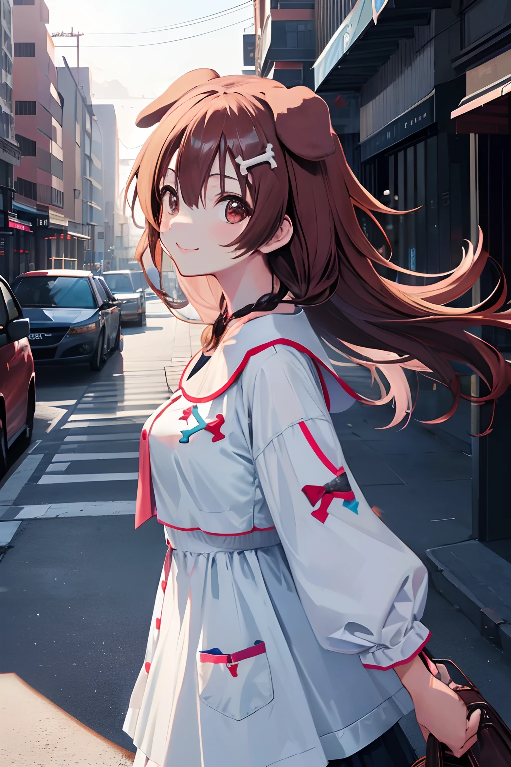 ((人物: Inugami Korone)), (Masterpiece), (Professional Photography:1.2), (High Definition:1.3), from side, 8k, portrait shot, best quality, highres, Textured skin, cinematic lighting, original,1girl, solo, smile, put on dog ears, walking on street, (cityscape)