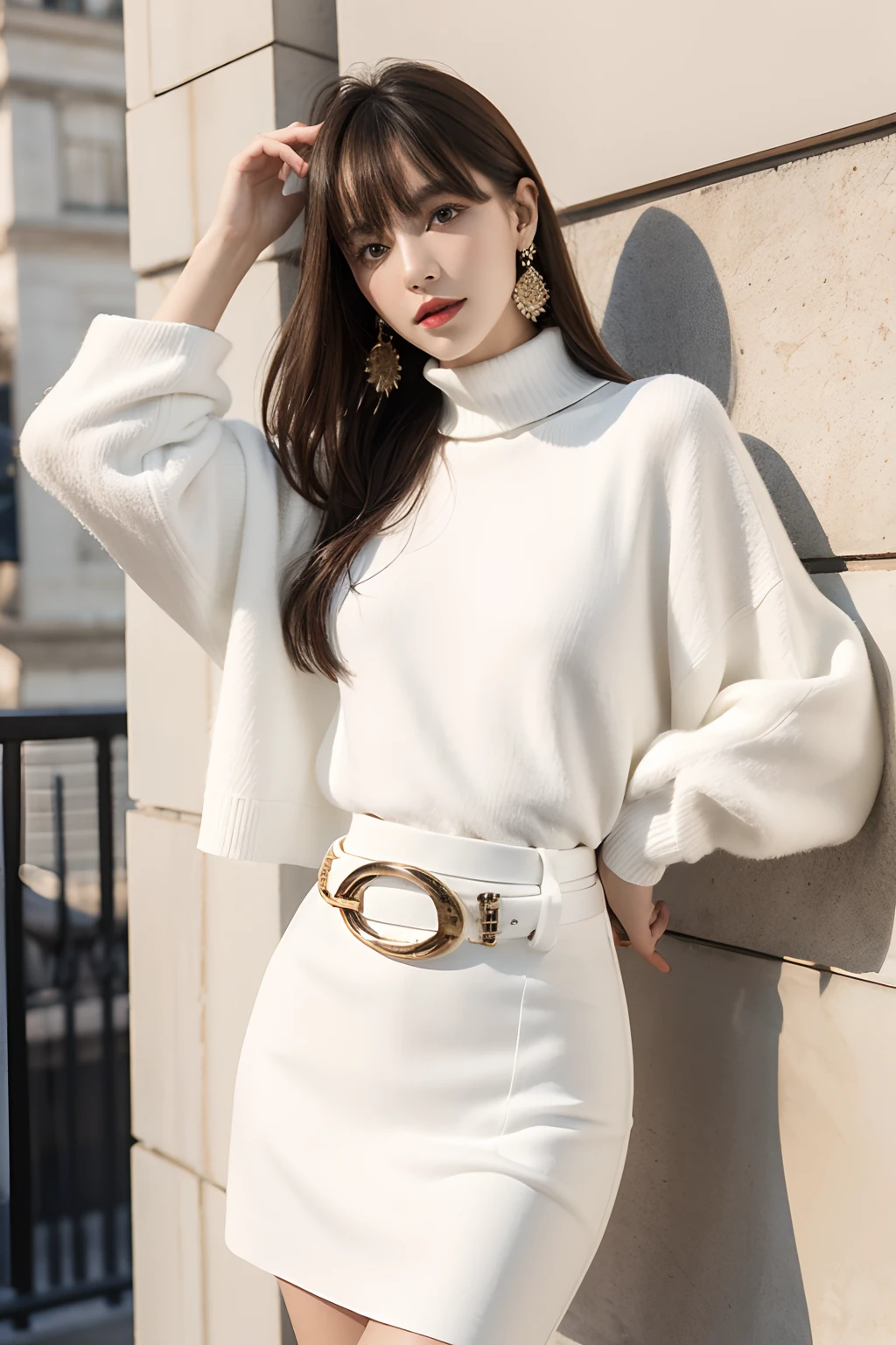 White woolen skirt,Metallic leather belt,Slim and tall,Haute couture