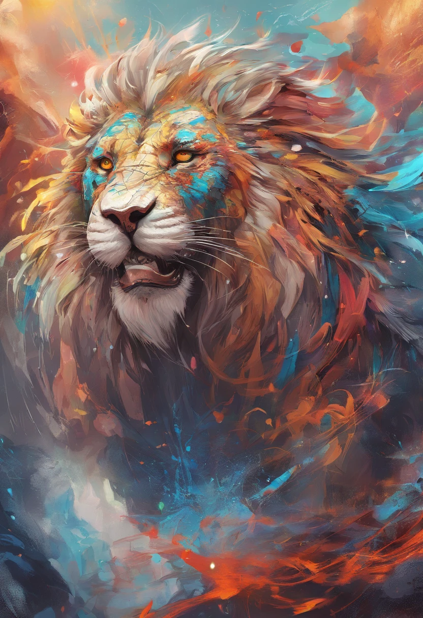 splashart, the Lion, ((white backgrounid)), piercing eyes, Epic Instagram, artstation, splash style of colourful paint, contours, Ultra-detailed intricate details, unreal-engine, fantasy, intricately details, splash image, complementary colours, fantasy concept art, 8k解像度, Deviantart's masterpiece, oil painted, Restroke, paint drips, splashart