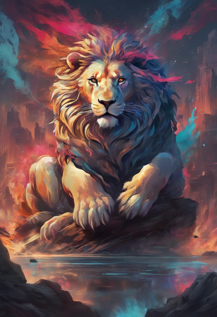 splashart， the Lion， （（white backgrounid））， piercing eyes， Epic Instagram， artstation， splash style of colourful paint， contours， Ultra-detailed intricate details， unreal-engine， fantasy， intricately details， splash image， complementary colours， fantasy concept art， 8k解像度， Deviantart's masterpiece， oil painted， Restroke， paint drips， splashart