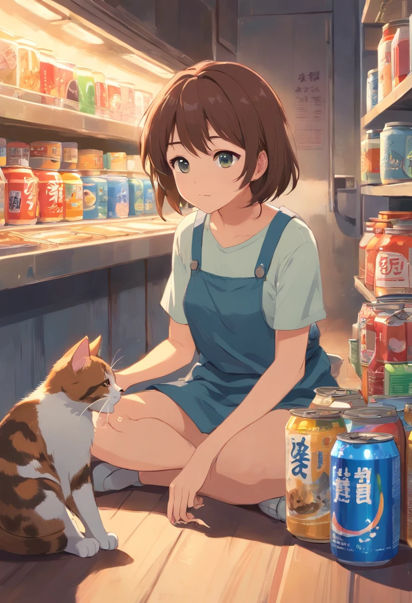 Cats see cans, Eating food, Stuck in the jar, and struggle,Mobile phone in hand,Look your eyes at your phone