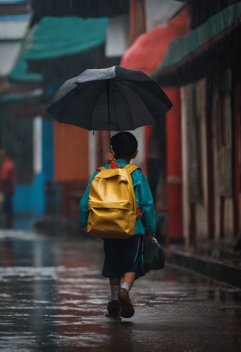 raining day,Front view of a Chinese boy carrying a schoolbag to school alone