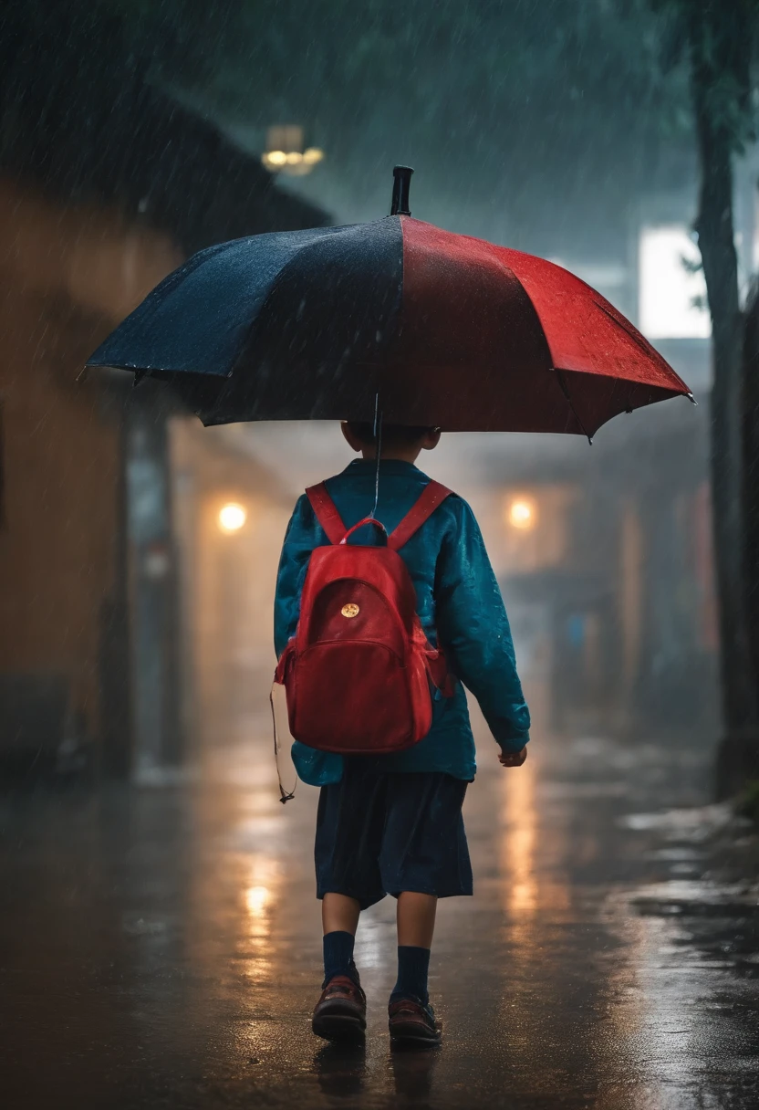 raining day,Front view of a Chinese boy carrying a schoolbag to school alone