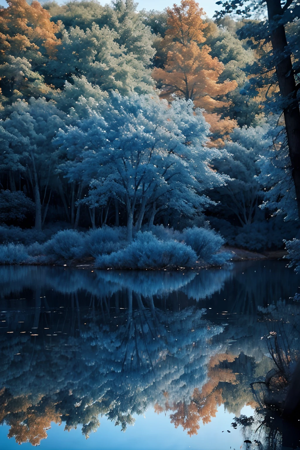 blue trees and bushes are reflected in a still - flowing river, infrared photography, blue landscape, blue reflections, infrared, beautiful nature, blue trees, really beautiful nature, infra - orange, blue forest, blue tree beside a large lake, surreal colors, infrared film, very magical and dreamy
