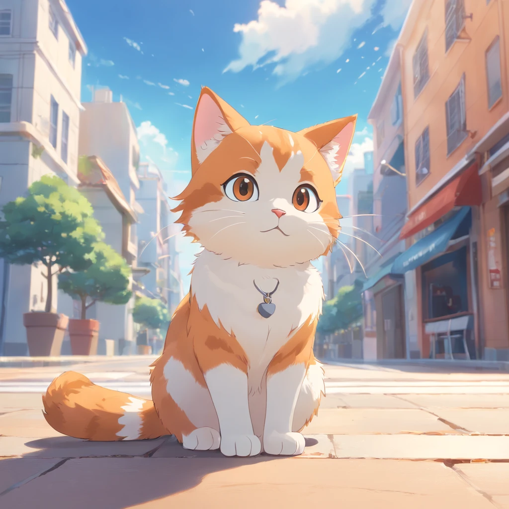 Little Cute Isometric Cat Emoji, Tuxedo Jack,Gray and white cat, kawaii, Southern French wall in the background, Soft and muted colors, 3D Icon Clay Rendering, spring: 120 mm, 3D Blender Rendering, trending on polycount, Modular constructivism, Orange background, physically-based renderingt, The kitten in the center raises its hand