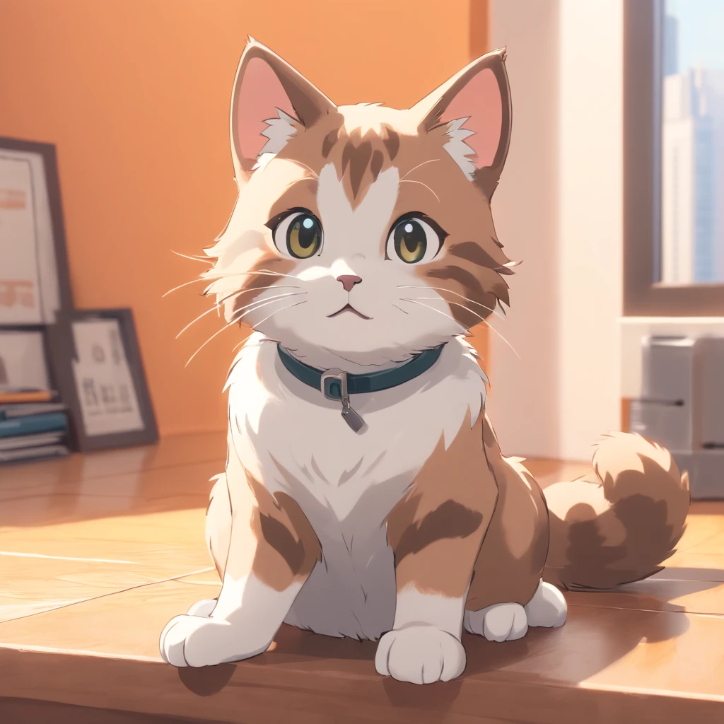 Little Cute Isometric Cat Emoji, Tuxedo Jack,Gray and white cat, kawaii, Southern French wall in the background, Soft and muted colors, 3D Icon Clay Rendering, spring: 120 mm, 3D Blender Rendering, trending on polycount, Modular constructivism, Orange background, physically-based renderingt, The kitten in the center raises its hand