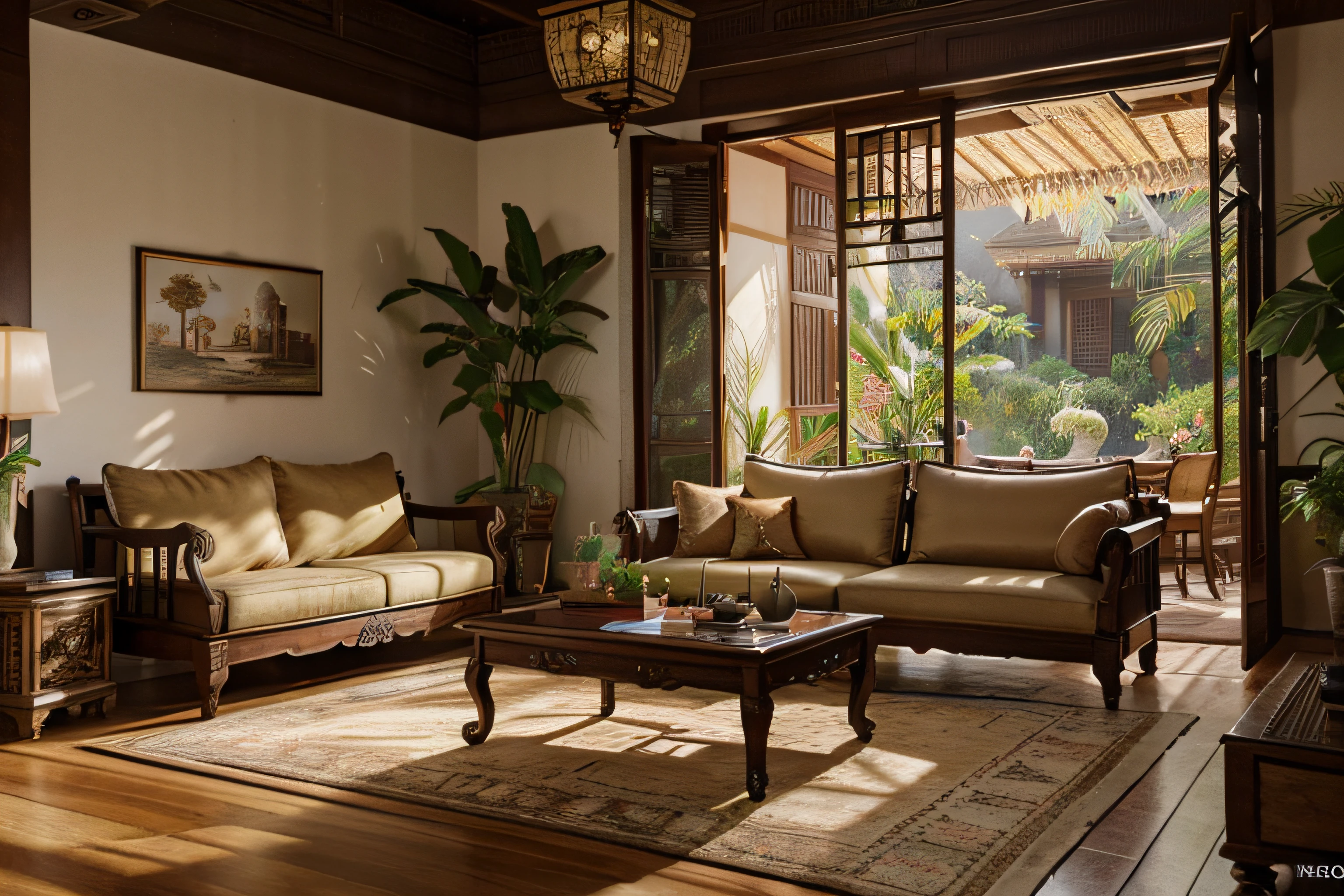 The living room is designed in the Indochine style, with a mix of French colonial and Southeast Asian influences,extremely detailed,high resolution,best quality,Photorealism,Realistic,masterpiece,Hyperrealistic,8K,unreal engine, daylight