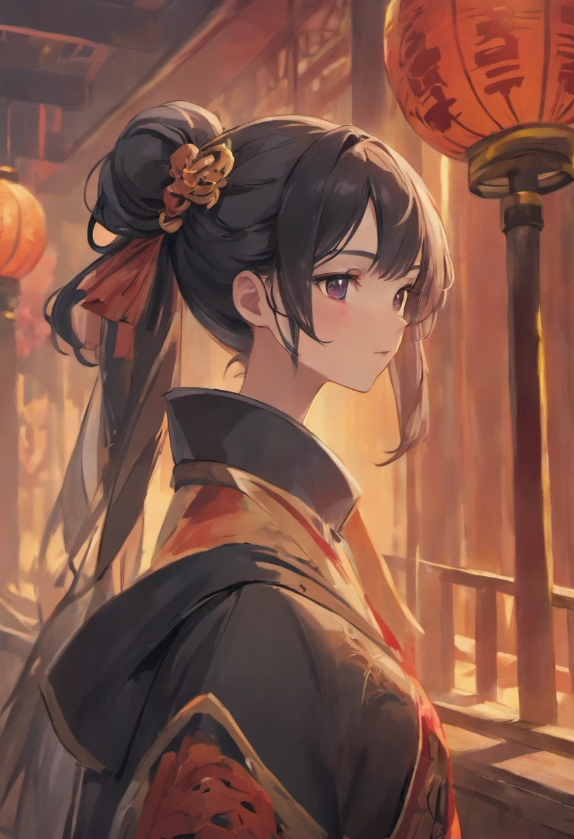 Cute chinese historical girl with high black bun hair semi realism illustratrion