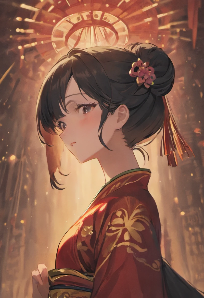 Cute chinese historical girl with high black bun hair semi realism illustratrion