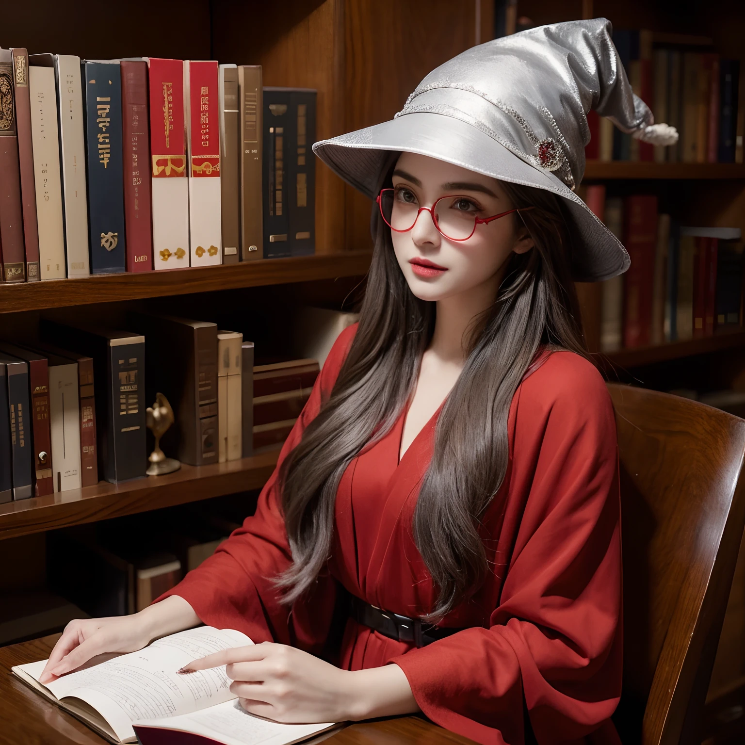 Wear a red hat、Woman with glasses holding a book,Silver hair,she wears harry potter glasses, maya ali as d&D Witch, holding a spell book, Dress up as a witch, D&D magician, Wearing a red wizard hat.