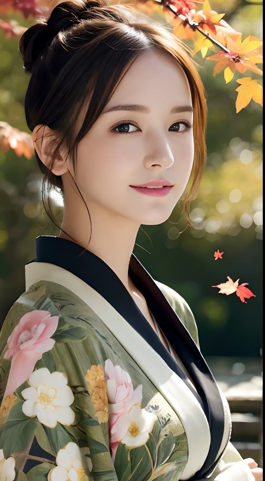 (A hyper-realistic), (hight resolution), (8K), (ighly detailed), (beatiful detailed eyes), (top-quality), (ultra-detailliert), (masterpiece), (A detailed face), softfocus、face of emma watson、Colossal tits、japanes、Shot in Kyoto、shrine background、Tie your hair into a bun、hair adornments、Wearing a beautiful kimono、Autumn foliage、A smile、