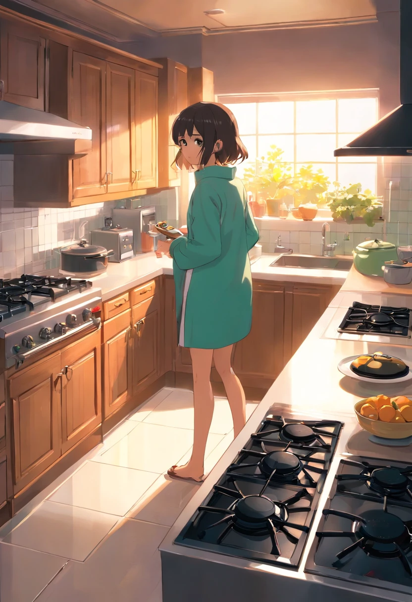 In the bright kitchen,(NOhumans:1.8),(In the middle is the cooktop:1.4),(tap:1.2),cupboard, a range hood,Super detail, High details, High quality