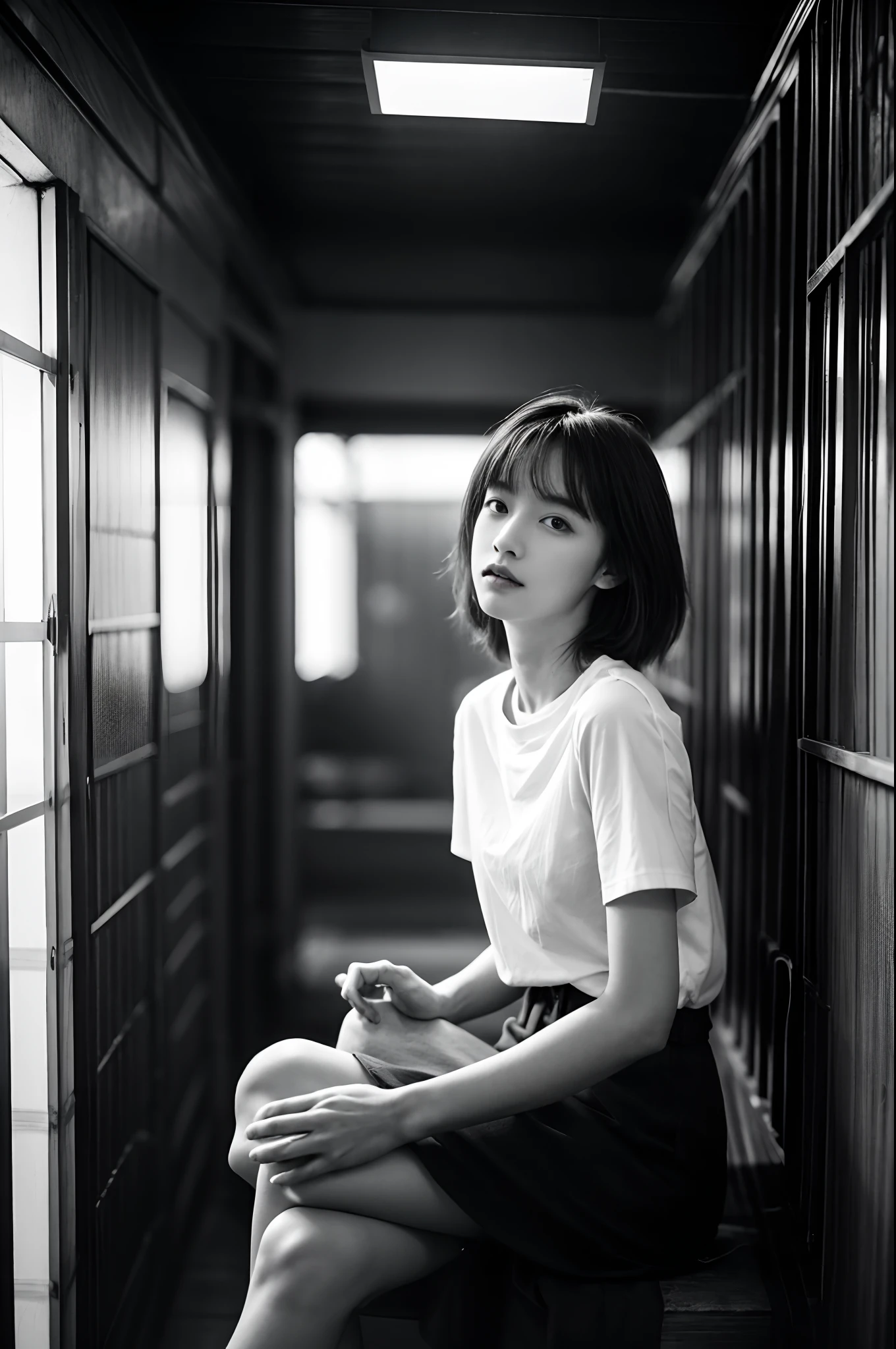 Solo Woman in the Library、Photo by Sarah Moon. Cool black and white t-shirt design with text of Japan age girl:"September 19". ,High contrast, Halation, 8K, Cinematic, high detailing, Girls love girls、I kiss you., Photo, Fashion,selfee,Monochrome photography、Detailed monochrome photos、Beautiful teenwoman、Slender and small breasts、being thin、The scenery in the room is reflected in the eyes、​masterpiece