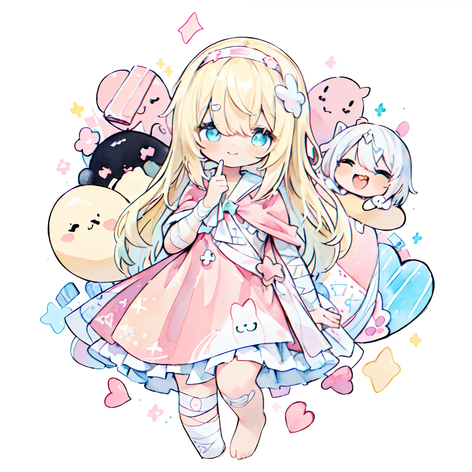 (PastelColors:1.5)、(Cute illustration:1.5)、(watercolor paiting:1.2)、(1 girl:1.0)、hair between eye、 hair between eye, White background, girl, Whole body espian, Black cloak、Designed for an academic atmosphere, Style, blonde hair、Sparkling Heart, Vigorous、kawaii、Lots of magic、Mummy Costume、Head bandage、Putting hair together、Hair peeking out through the gaps in the bandage、Like a VTuber、charicature、Happy smile、One eye is hidden by a bandage、(Bandages covering the whole body:1.3)、Bandage Wrap、Bandage costume、Full Body Youth Esbian、bare-legged、Cheerful mummy、Happily take out the bandage、Full body bandage、Drooping bandage