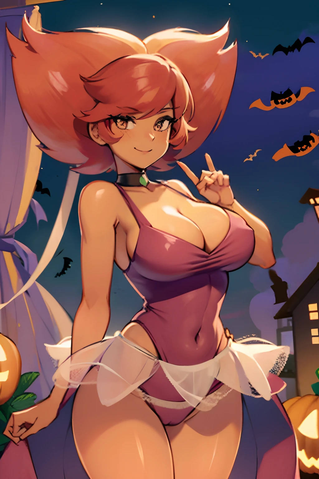 Big breasts, cute smile, (halloween outfit), red hair