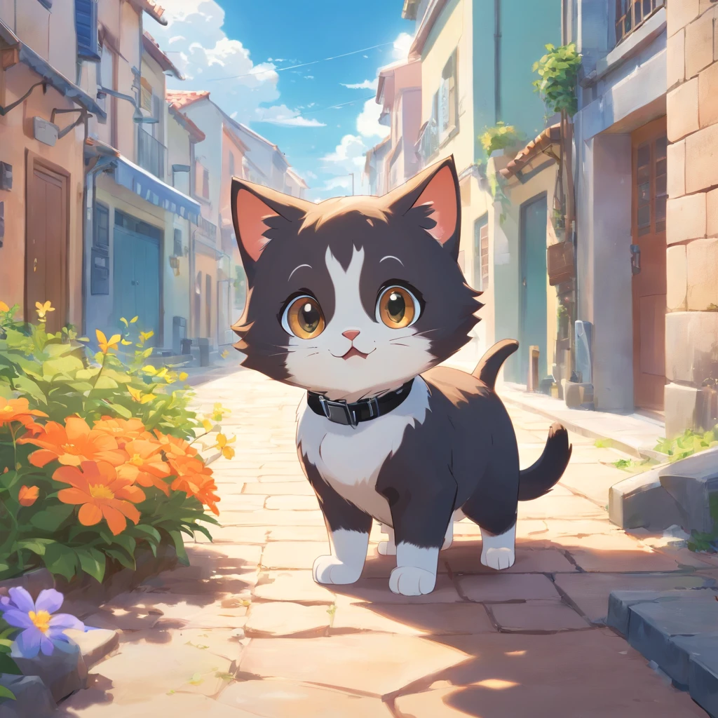 Little Cute Isometric Cat Emoji, Tuxedo Jack,Black and white cat, kawaii, Wearing a combat suit、Wall of southern France in the background, Soft and muted colors, 3D Icon Clay Rendering, spring: 120 mm, 3D Blender Rendering, trending on polycount, Modular constructivism, Orange background, physically-based renderingt, The kitten in the center raises its hand