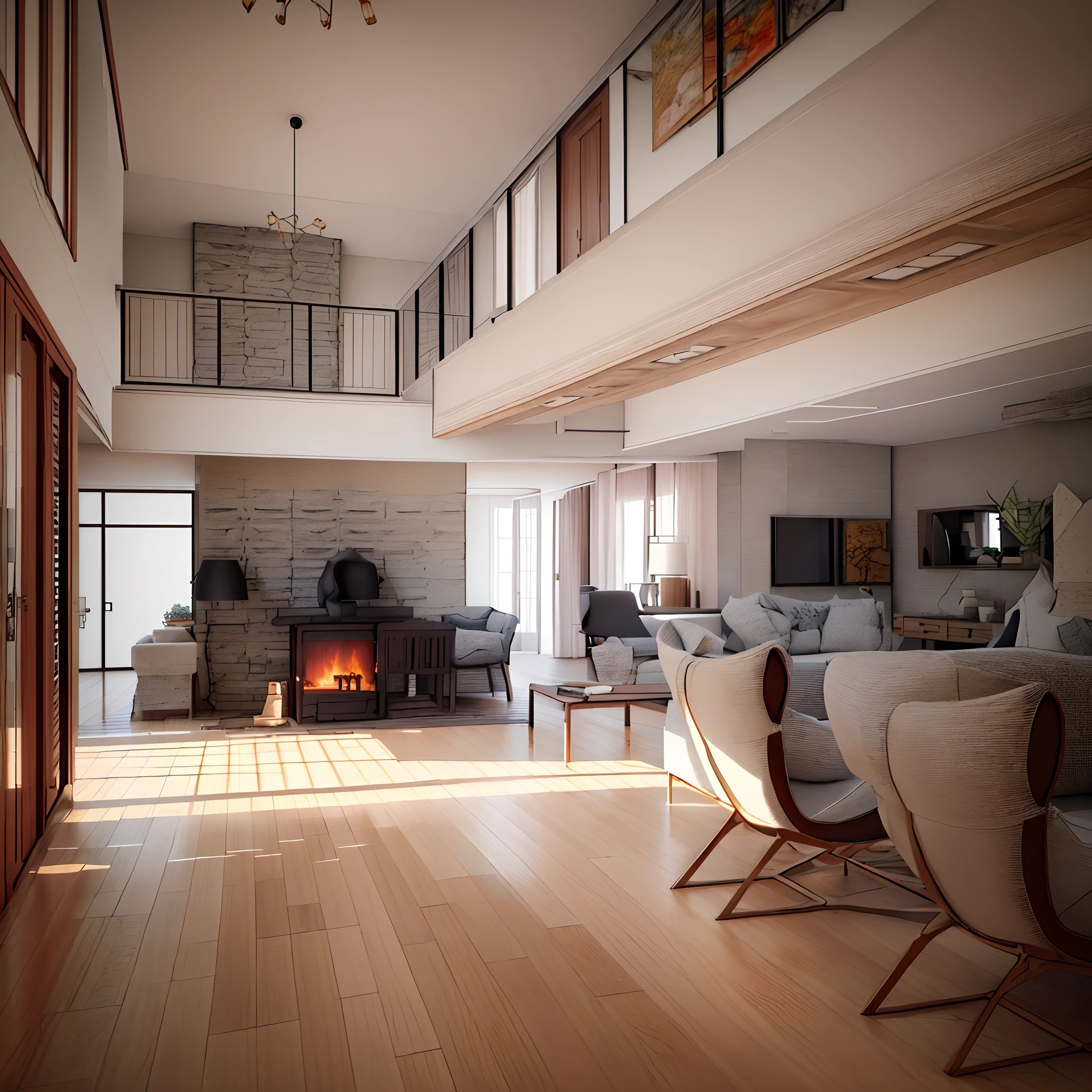 Rural Chinese 70s style,Use the fireplace for warmth,There was a sofa,The living room is simple,Vertigo 3D rendering,Architectural 3D rendering,Contemporary design,Stunning 3D rendering,Stunning 3D rendering