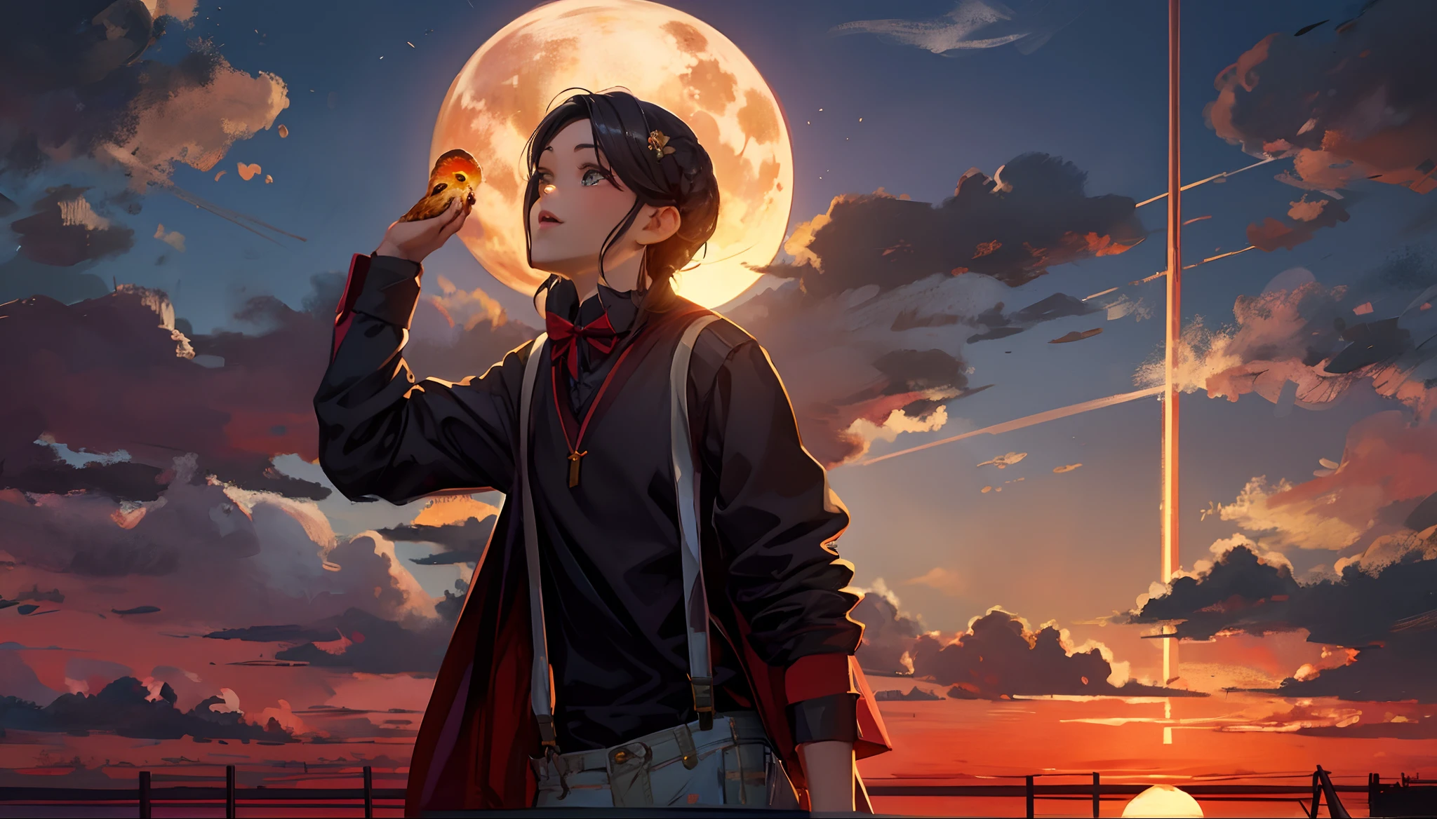 the sunset,eventide,middle parted hairstyle,Suspenders,Chicken feet