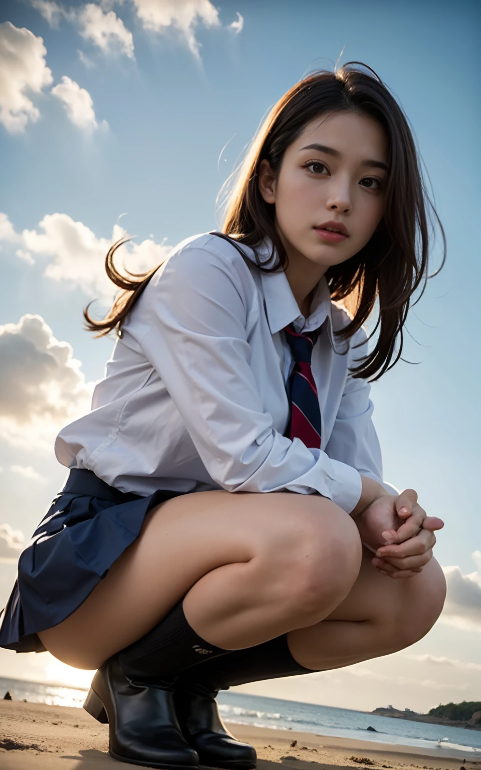 close-up , ((From below)), top quality, masterpiece, K, Photorealistic, Concept art, Beautiful girl squatting on the beach , Beautiful face, Beautiful medium bob hair in light brown, beautiful light brown eyes, Plump breasts, look at viewr, blush, High School Uniform, White blouse, pleatedskirt, Black socks, Sunset Sea Shore, Orange sky, Beautiful clouds,