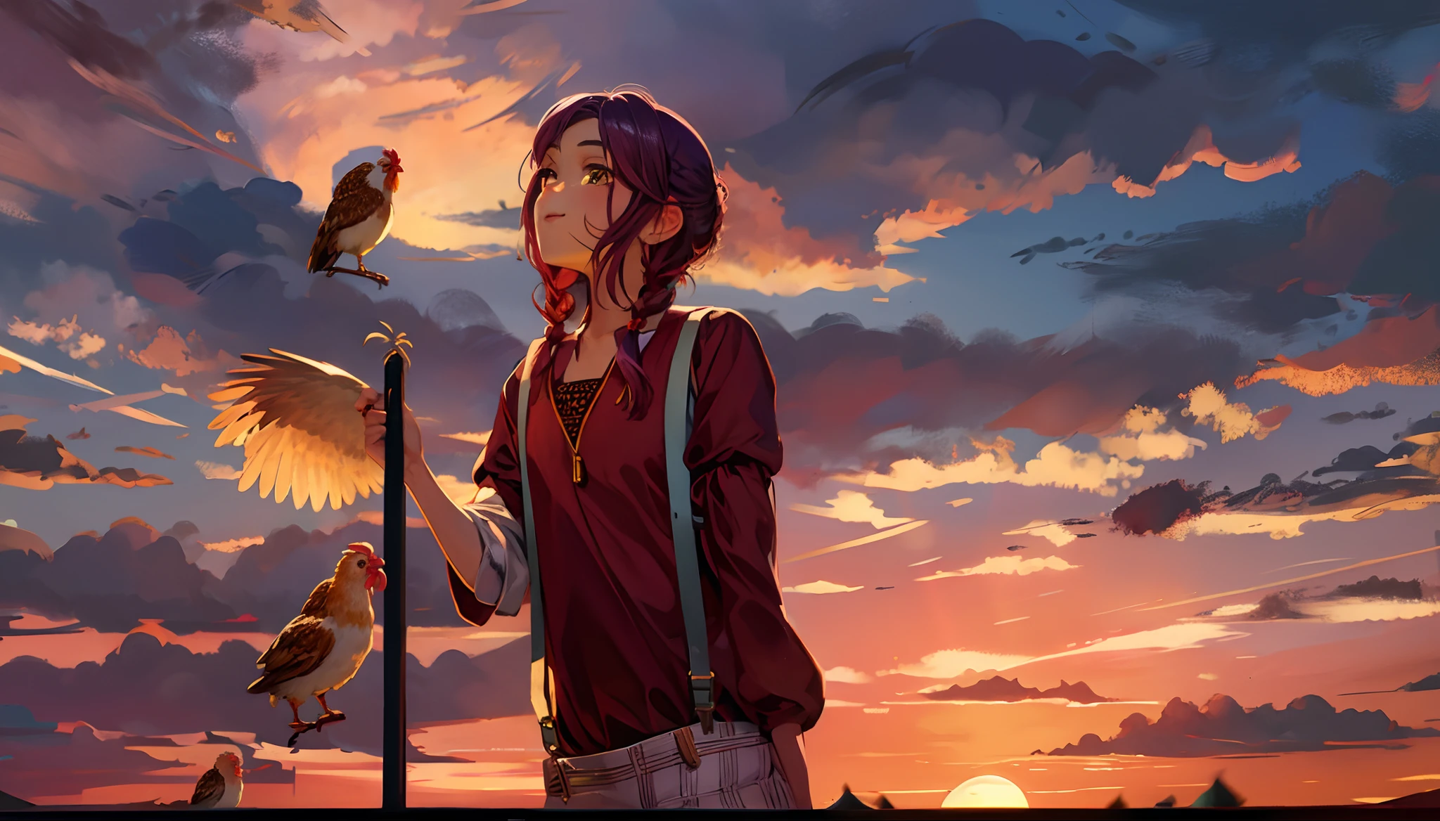 the sunset,eventide,middle parted hairstyle,Suspenders,Chicken feet