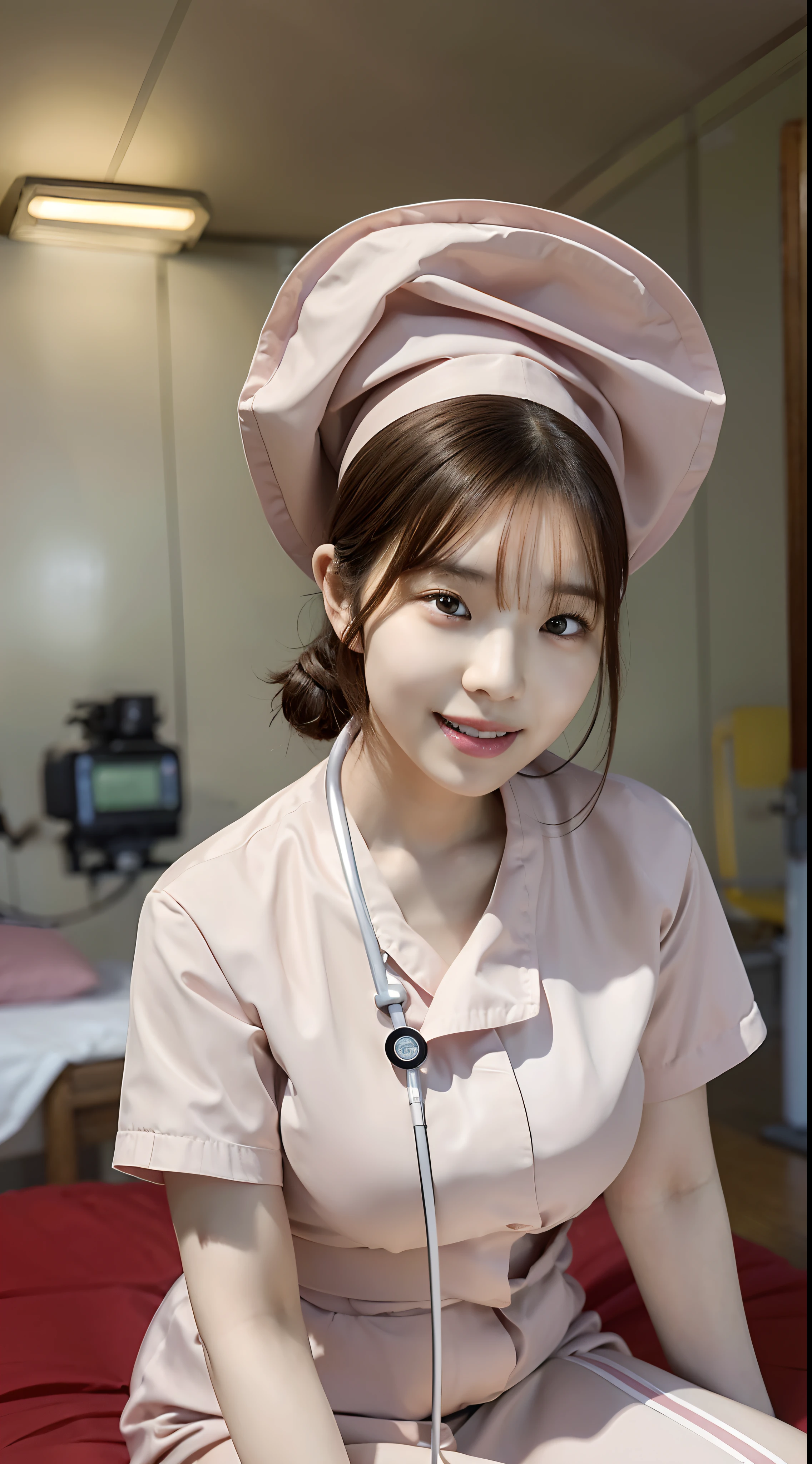(top-quality、masterpiece、电影灯光、)、phot of a beautiful Japanese women、Glossy reddish-brown shorthair、hair pin、disheveled hair、Floating hair、beauitful face、Slouched、crouching down、(Nurse、White nurse uniform、Nurse Cap、Wrap the stethoscope around your neck、)、Beautiful breast slip、Hourglass body、A smile that captivates the viewer、Look into the cameraman and talk、Hospital Patient Rooms、Close face、shinny skin、Bold sexy poses、Beautiful Finger、
