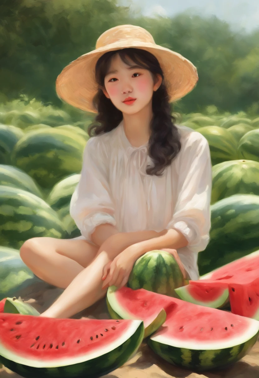 Kawaii girl sitting
Watermelon, The style of a nature painter, ai yazawa, xiaofei yue, storybook illustrations, Joaquin Sorolla, Detailed botanical illustrations, lively tableaus