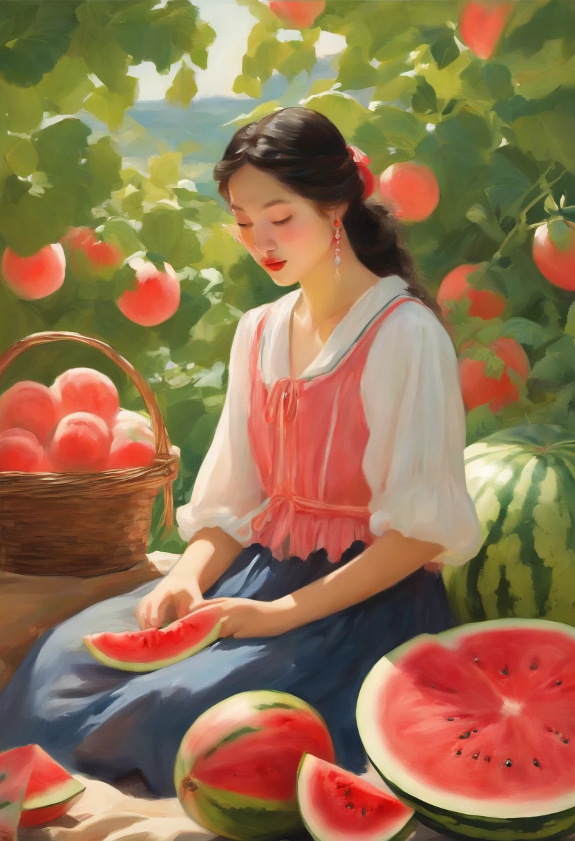 Kawaii girl sitting
Watermelon, The style of a nature painter, ai yazawa, xiaofei yue, storybook illustrations, Joaquin Sorolla, Detailed botanical illustrations, lively tableaus