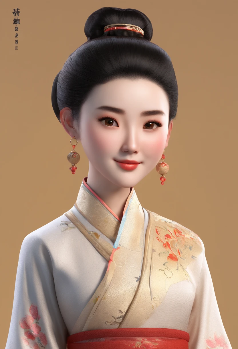 Cute chinese historical girl with high black bun hair semi realism illustratrion front