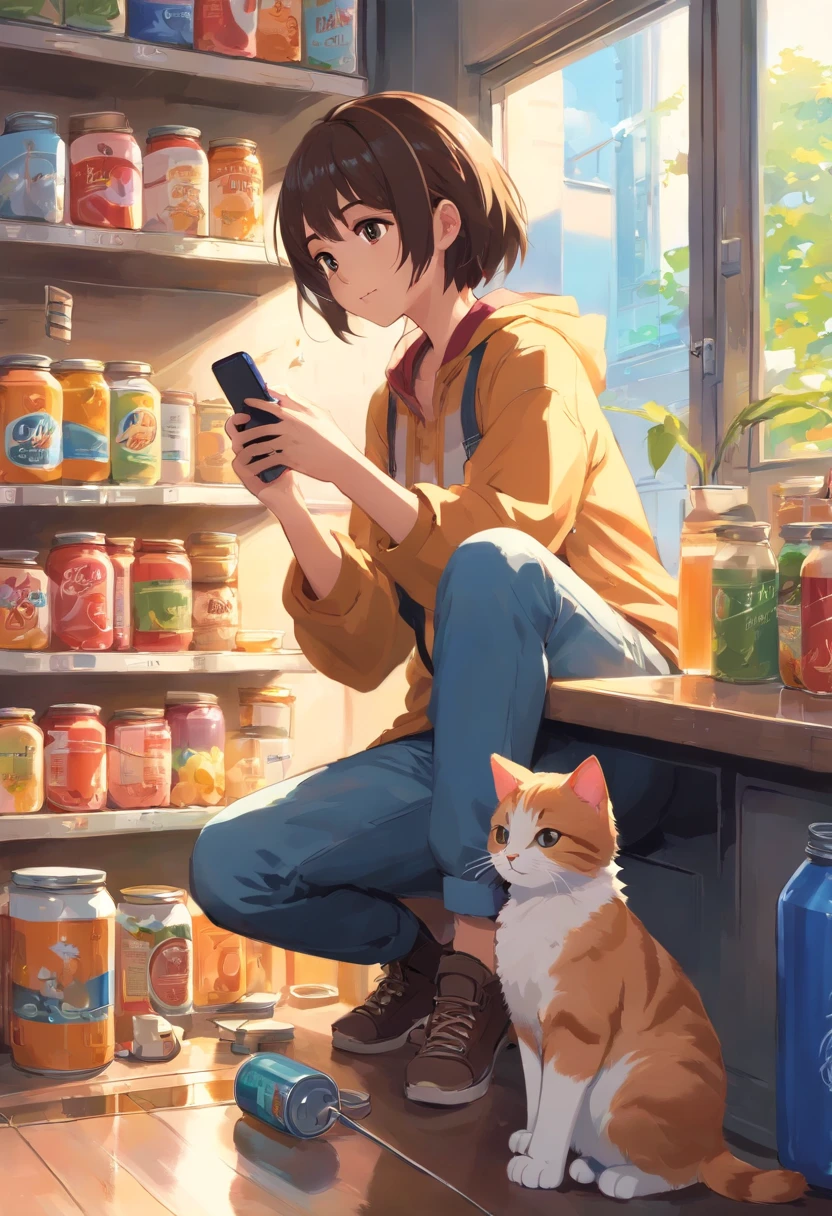 Cats see cans, Eating food, Stuck in the jar, Girl holding a mobile phone in her hand,Playing with a mobile phone