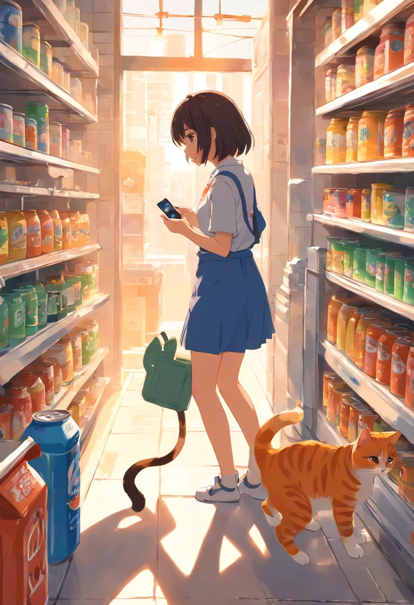 Cats see cans, Eating food, Stuck in the jar, Girl holding a mobile phone in her hand,Playing with a mobile phone
