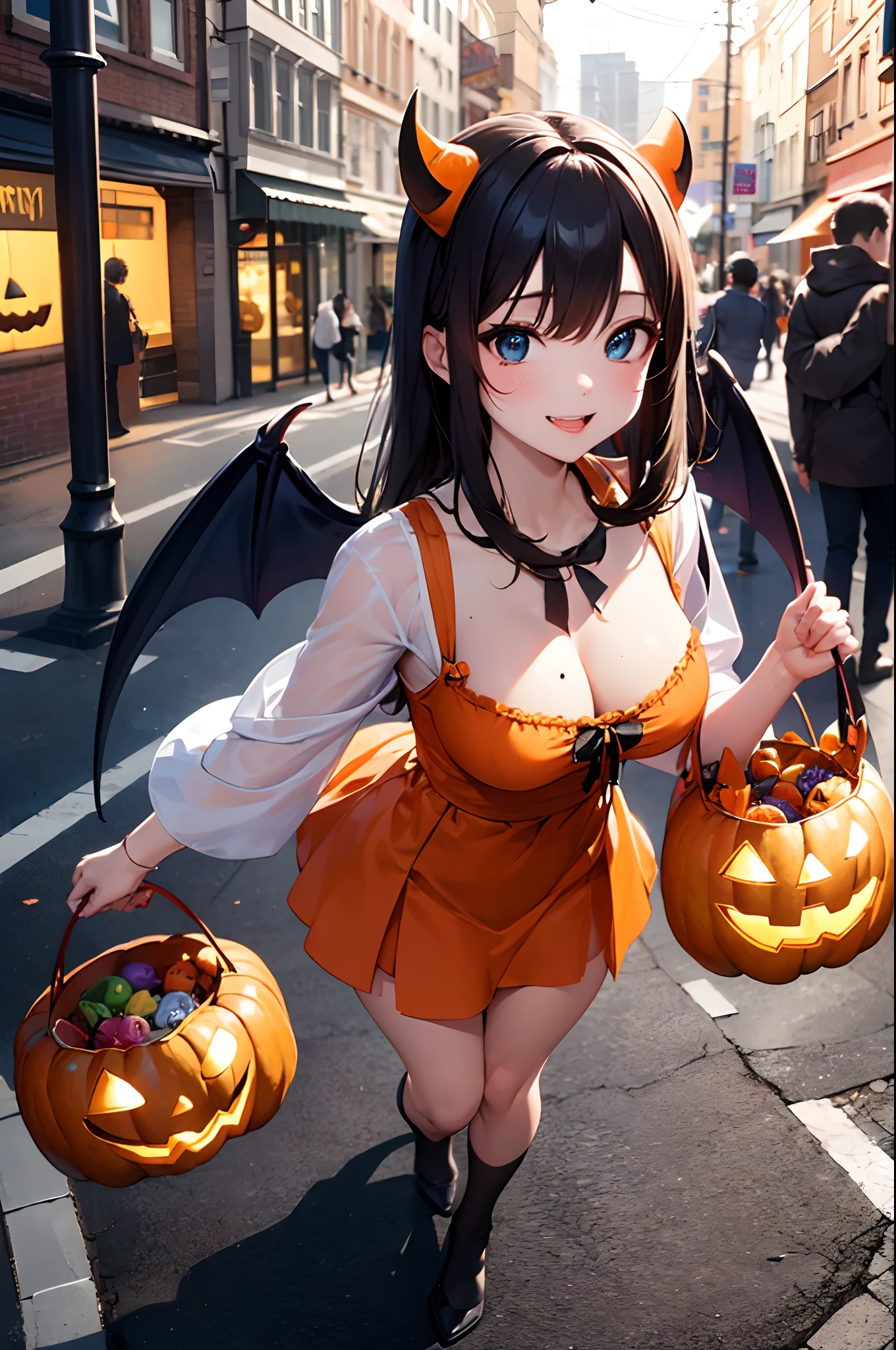 （Girl with a nasty appearance:1.1）、(Daytime:1.5)、(and chest:1.4)、Raw photography, top-quality, hight resolution, (​masterpiece), (Photorealsitic:1.4), (Mole under the eyes),Anime Cosplay, foco nítido, nffsw, 8K分辨率, intricate detailes, depth of fields, the Extremely Detailed CG Unity 8K Wallpapers, front lit, femele,25-years old、 His lips are smiling、(tying  hair:1.5)、(Medium Showtrain Bo Hair)、(Orange dress with Halloween pattern:1.3)、blue eyess,(Halloween Eve:1.5)、(Bustling street:1.3)、(Full body depiction)、(Jack-o'-lantern:1.2)、cute horns、A large amount of sweets in the basket、Devil's Wings、Jack-o'-lantern making、Cars in flames、Cosplay Crowd、Licking candy