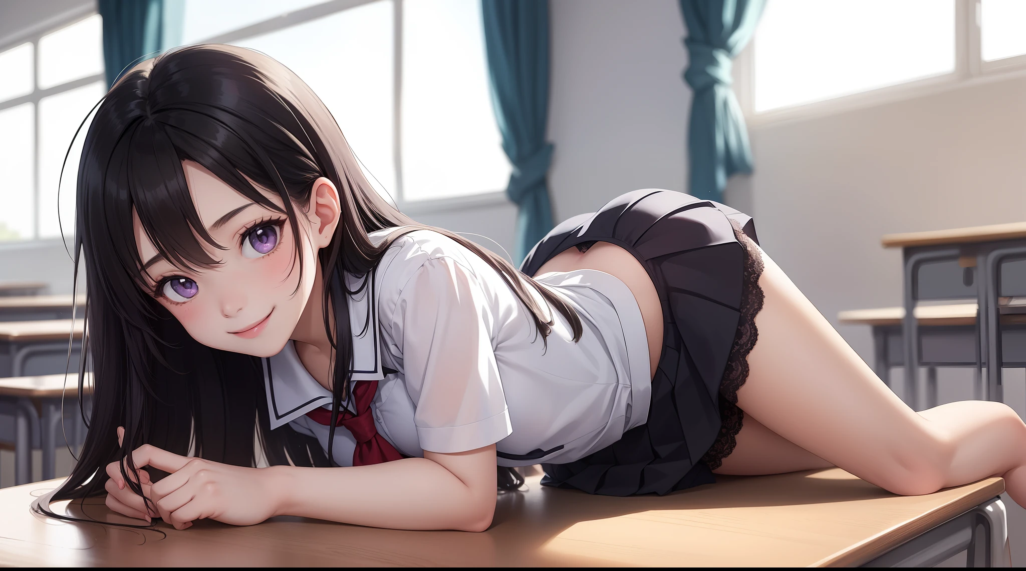 (masterpeace, best quality), Loli, , FF7, Aerith Gainsborough, black hair, light purple eyes, petite, schoolgirl,l uniform, upskirt, lace panties, lying on desk, from behind, round bottom, , classroom, smile, fun, volumetric lighting, sunlight, bright