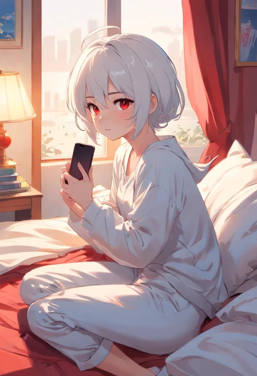Girl with white hair and red pupils,Wear cartoon long sleeves and long pants, Sitting on the bed and playing with your phone,Look down at your phone