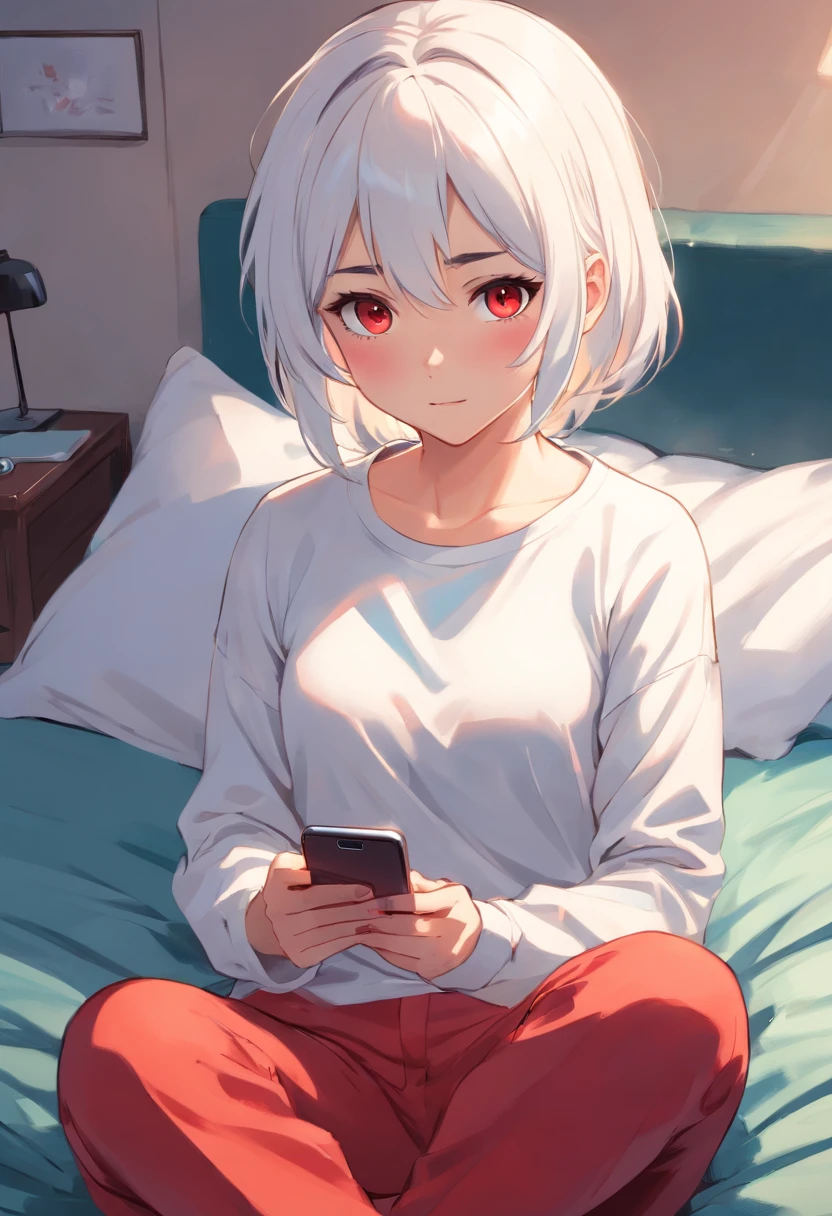 Girl with white hair and red pupils,Wear cartoon long sleeves and long pants, Sitting on the bed and playing with your phone,Look down at your phone
