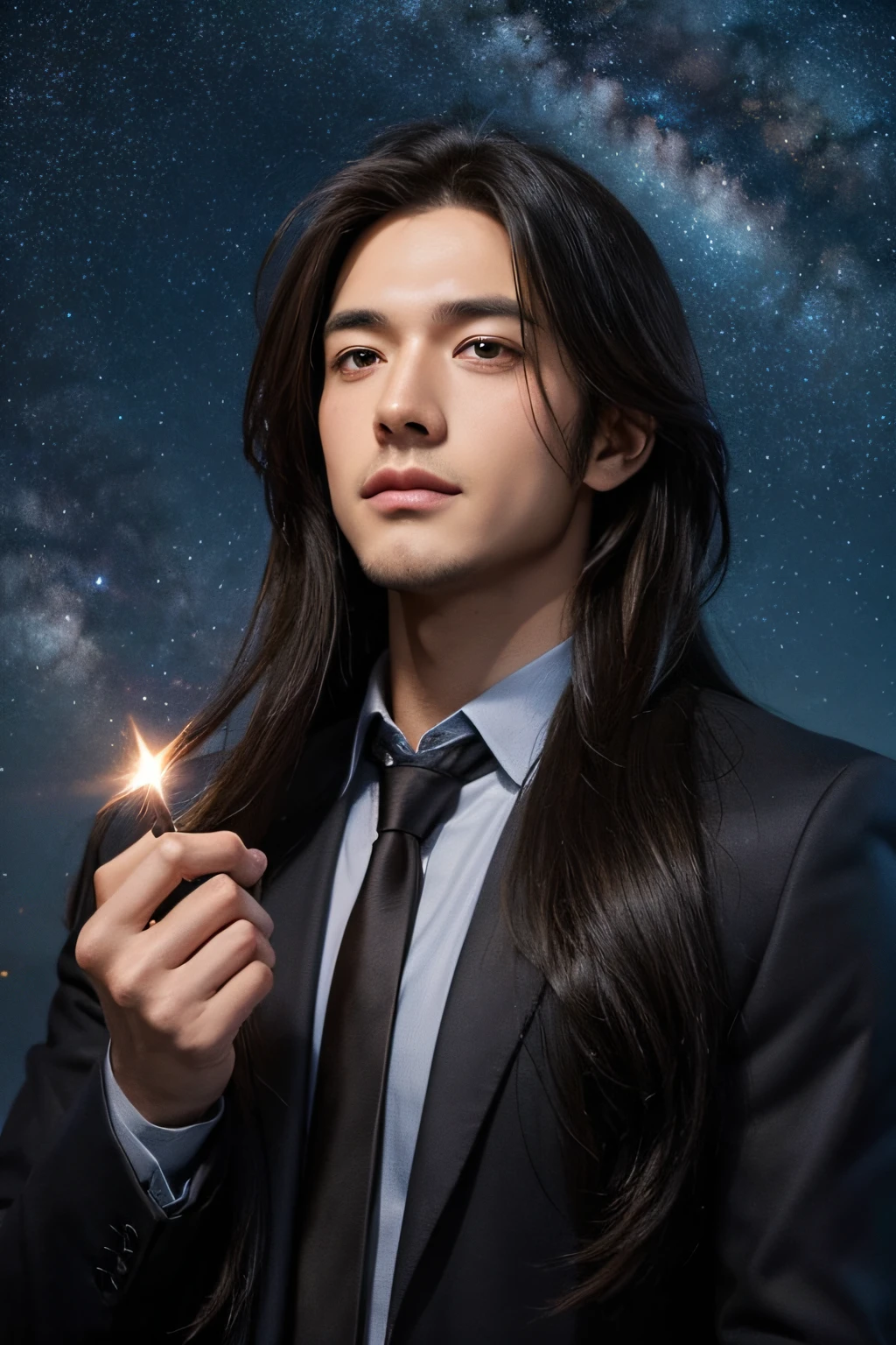 Handsome guy with long hair,magia,comic strip,Starry sky sense