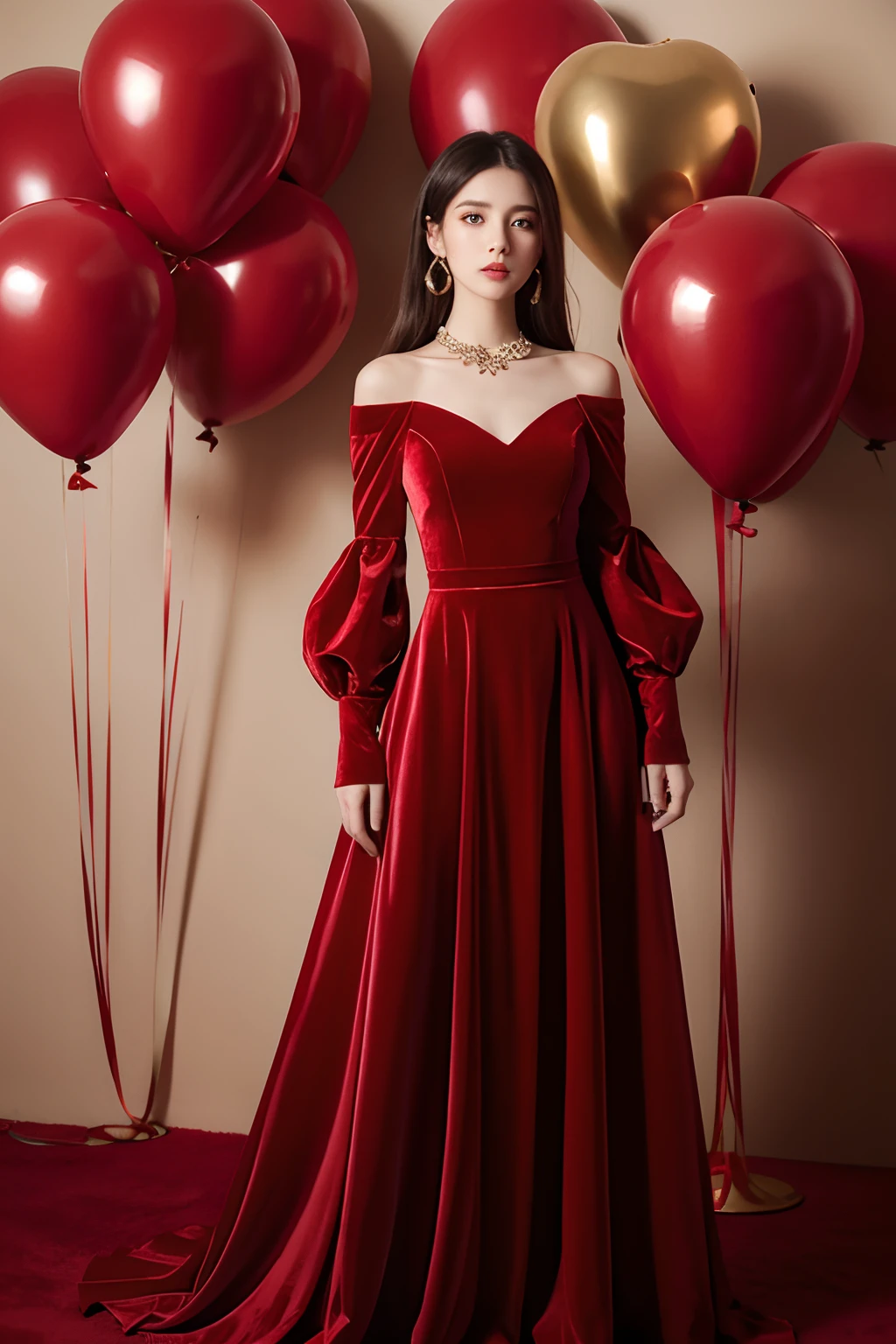 Big red long dress，Velvet texture，Balloon sleeves，High waistline，Square collar