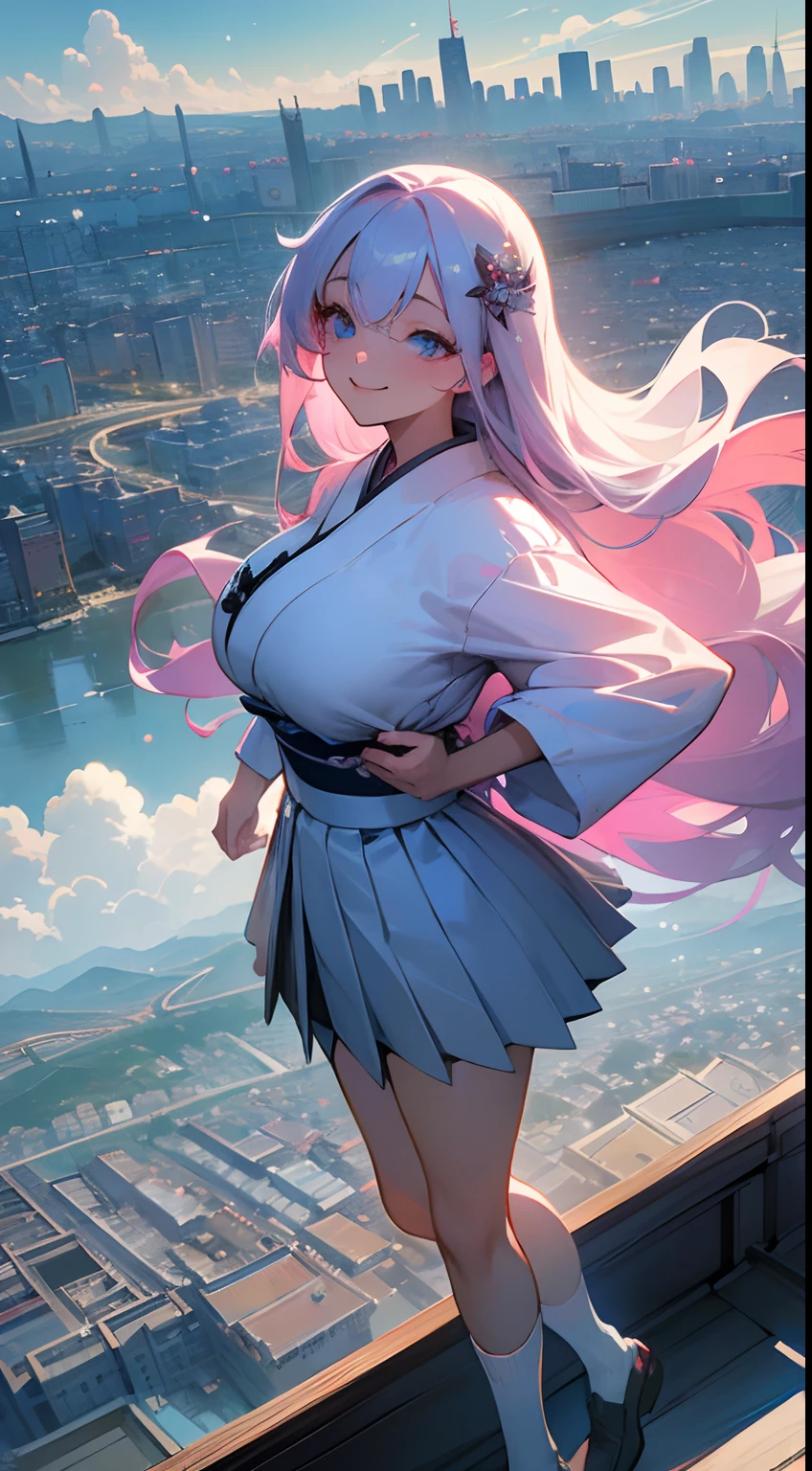 official art, masterpiece, sharp focus, (beautiful gorgeous cute Korean woman:1.3), (beautiful cute korean:1.3), korean beauty, Delicate and beautiful hair and eyes and face, realistic, ultra detailed, beautiful girl, blue sky, glow white particle, (sidelighting:1.2), sun light, white cloud, detailed clouds, slender, Lovely very large breasts and very large hips, smile with teeth, ((smile with eyes, open both eyes)), scenery background a view of traditional Japanese housing, long straight hair, sexy facial expression, building, (cityscape:1.7), dynamic hair, long straight hair, detailed platinum pink hair, glow blue eyes, (blue pleated shirts + white skirt), white long socks, pale skin, hair ornament, epic scenery, holding a round doll