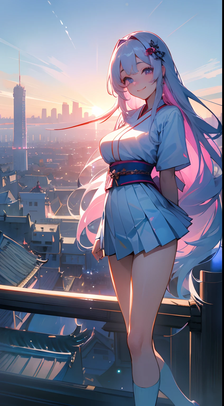 official art, masterpiece, sharp focus, (beautiful gorgeous cute Korean woman:1.3), (beautiful cute korean:1.3), korean beauty, Delicate and beautiful hair and eyes and face, realistic, ultra detailed, beautiful girl, blue sky, glow white particle, (sidelighting:1.2), sun light, white cloud, detailed clouds, slender, Lovely very large breasts and very large hips, smile with teeth, ((smile with eyes, open both eyes)), scenery background a view of traditional Japanese housing, long straight hair, sexy facial expression, building, (cityscape:1.7), dynamic hair, long straight hair, detailed platinum pink hair, glow blue eyes, (blue pleated shirts + white skirt), white long socks, pale skin, hair ornament, epic scenery, holding a round doll
