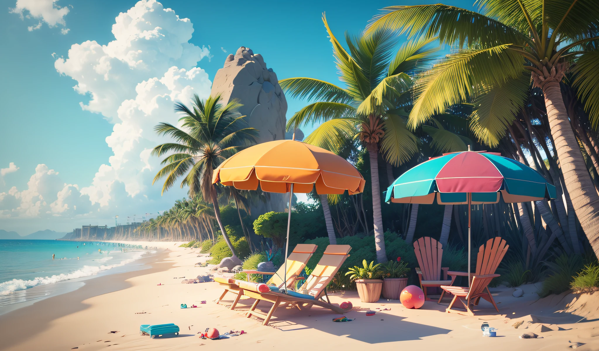 3D cartoon, a beach with messy beach stuff, messy beach concept, beach chairs, sandcastles, lively ambient, blue water, palm tree, messy swimsuits scattered around, scattered swimming buoys, scattered swimming goggles, beach ball vector graphic, style of Skottie Young 4K --auto --s2