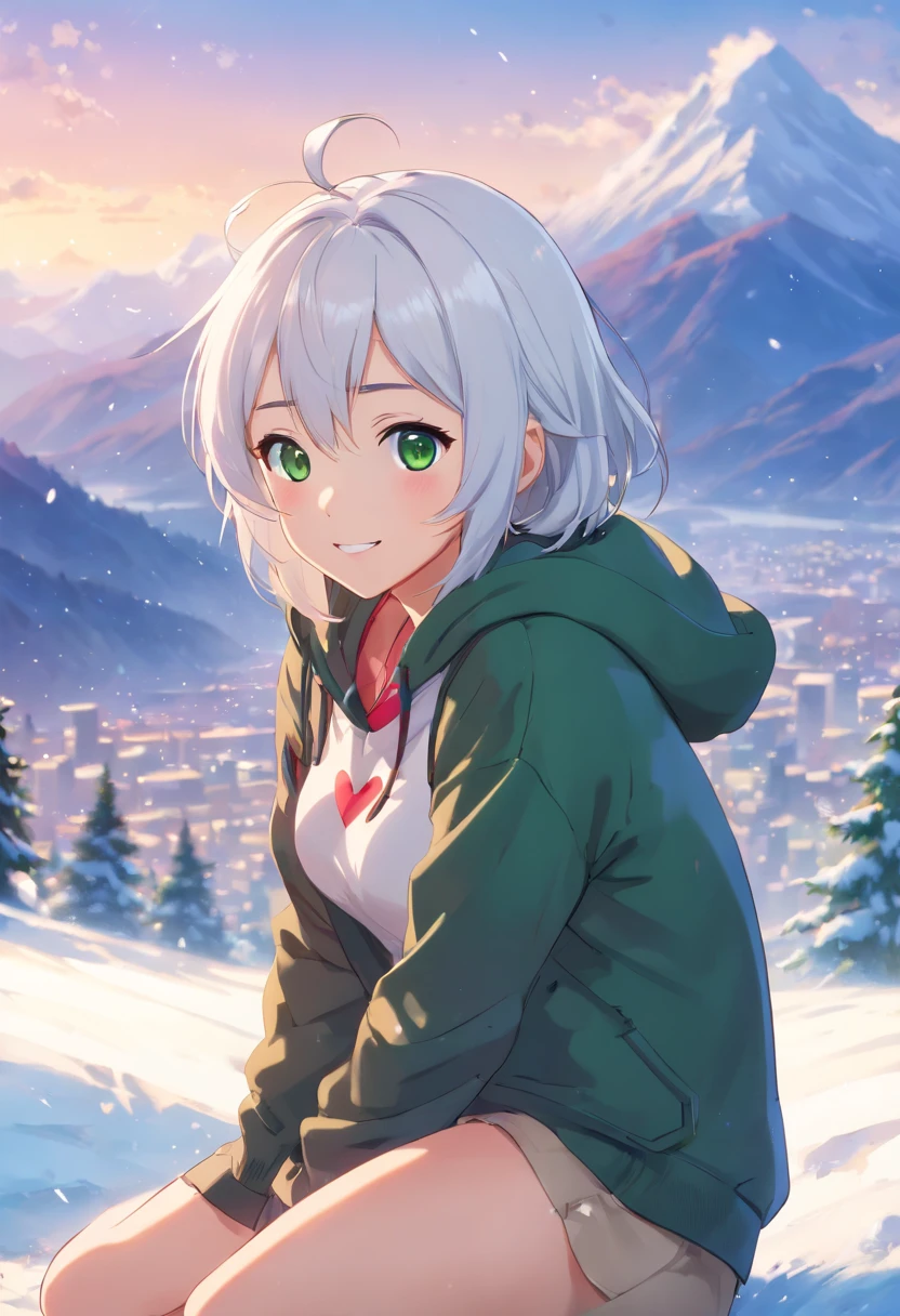 (((masterpiece, perfect body, best quality, highly detailed))), white hair, long hair, smooth skin, female, dark green eyes, blushing, full body, large breasts, 1girl, heart-shaped pupils, fingernails, hands on own face, (blush:1.1), choker, upper body, trembling, heart,(speed lines:1.1), ((heavy breathing:1.3)), love, heart, hoodie, happy, smile, background snowy mountains, sitting, ass partially in snow,