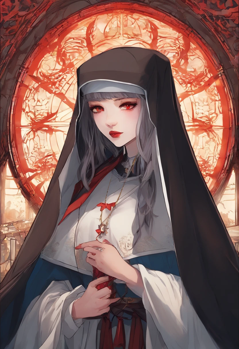 Exquisite beautiful woman photo (nun: 1.3) Vampire standing under the starry night sky on the porch of her monastery, Full body, Dynamic Angle (ultra-detailliert, masutepiece, Best Quality), hyperdetailed face (ultra-detailliert, masutepiece, Best Quality), Ultra Feminine, (pale skin: 1.3), Black hair, Wavy Hair, Dynamic eye color, Cold eyes, Glowing eyes, intense eyes, dark red lips, [tusk], Wearing the habit of a white nun (ultra-detailliert, masutepiece, Best Quality), Wearing a blue cloak (ultra-detailliert, masutepiece, Best Quality), long cloak, flowing cloak (ultra-detailliert, masutepiece, Best Quality), Wear high-heeled boots, Sky background full of stars, Moon, Flying bats, high details, Best Quality, 8K, [ultra-detailliert], masutepiece, Best Quality, (ultra-detailliert), Full body, Ultra Wide Shot, Photorealism, dark fantasy art, dark fantasy art, Gothic art, many stars, dark fantasy art, Gothic art, sense of terror, Blood Magic、with blush cheeks、succubus