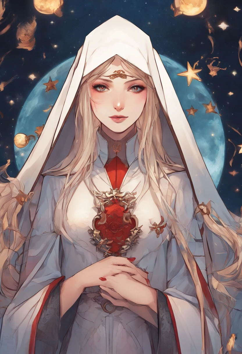 Exquisite beautiful woman photo (nun: 1.3) Vampire standing under the starry night sky on the porch of her monastery, Full body, Dynamic Angle (ultra-detailliert, masutepiece, Best Quality), hyperdetailed face (ultra-detailliert, masutepiece, Best Quality), Ultra Feminine, (pale skin: 1.3), Black hair, Wavy Hair, Dynamic eye color, Cold eyes, Glowing eyes, intense eyes, dark red lips, [tusk], Wearing the habit of a white nun (ultra-detailliert, masutepiece, Best Quality), Wearing a blue cloak (ultra-detailliert, masutepiece, Best Quality), long cloak, flowing cloak (ultra-detailliert, masutepiece, Best Quality), Wear high-heeled boots, Sky background full of stars, Moon, Flying bats, high details, Best Quality, 8K, [ultra-detailliert], masutepiece, Best Quality, (ultra-detailliert), Full body, Ultra Wide Shot, Photorealism, dark fantasy art, dark fantasy art, Gothic art, many stars, dark fantasy art, Gothic art, sense of terror, Blood Magic、with blush cheeks、succubus