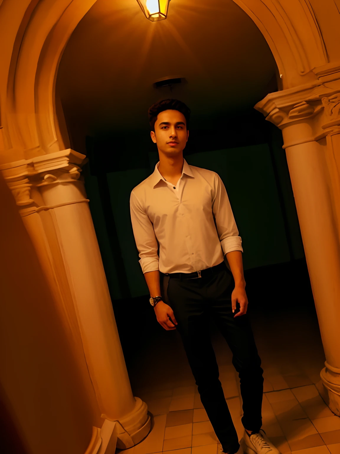 arafed man standing in a hallway with a clock above him, full body picture, around 1 9 years old, profile pic, kyza saleem, 2 2 years old, riyahd cassiem, 2 3 years old, 2 7 years old, khyzyl saleem, handsome man, full body photogenic shot, 2 4 years old, very artistic pose